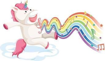 Unicorn jumping on the cloud with melody symbols on rainbow wave vector