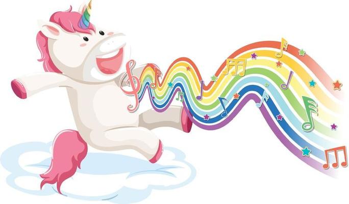 Unicorn jumping on the cloud with melody symbols on rainbow wave