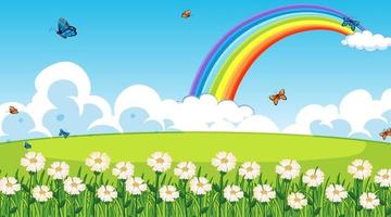 Nature park scene background with rainbow in the sky vector