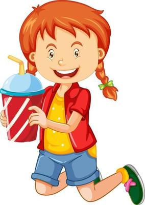 Happy girl cartoon character holding a drink plastic cup