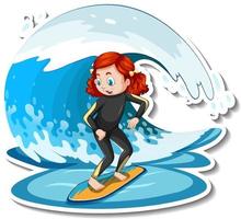 Sticker a girl standing on surfboard with water wave vector