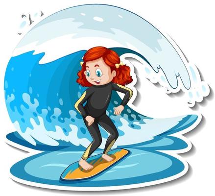 Sticker a girl standing on surfboard with water wave