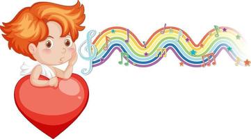 Cupid boy holding heart with melody symbols on rainbow wave vector