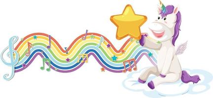 Unicorn sitting on the cloud with melody symbols on rainbow wave vector