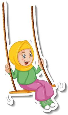 A sticker template with muslim girl playing swing cartoon character