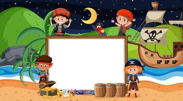 Niños piratas en la escena nocturna de la playa con una plantilla de banner vacía vector