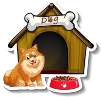 Sticker design with pomeranian standing in front of dog house vector