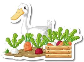 Sticker template with a duck and many vegetable isolated vector