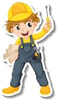 Sticker design with auto mechanic cartoon character vector