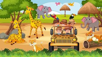Escena de safari con niños en coche turístico viendo animales.