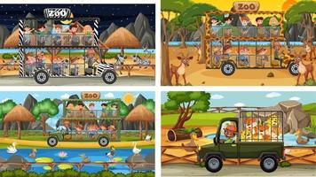 Conjunto de diferentes animales en escenas de safari con niños. vector