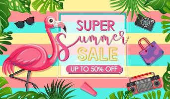 Super Summer Sale font with flamingo and summer icons banner vector