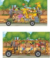 Safari scene with wild animals in a tourist car vector