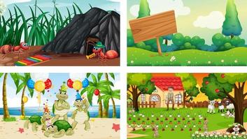 Four different scenes with various animals cartoon character vector