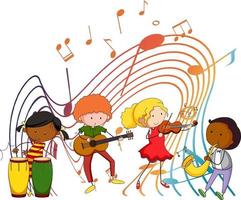 Happy kids with music melody symbols on white background vector