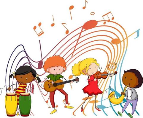 Happy kids with music melody symbols on white background