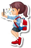 A student girl using smart phone cartoon character sticker vector