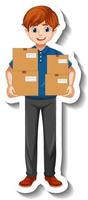 A sticker template with courier man in uniform holding boxes vector
