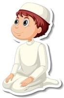 A sticker template with Muslim boy in praying pose cartoon character vector