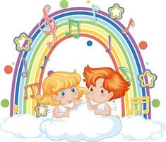 Cupido pareja sosteniendo con símbolos de melodía en arco iris vector