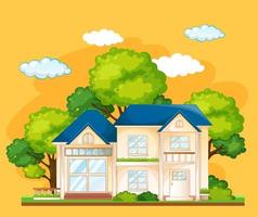 Front of a house with many tree on yellow background vector