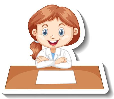 Girl in scientist outfit writing on empty desk