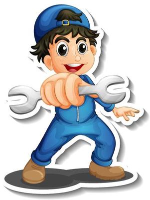 Sticker design with auto mechanic cartoon character