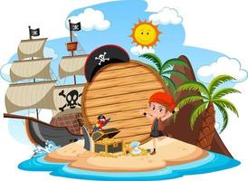 Isla pirata con un banner vacío aislado sobre fondo blanco. vector