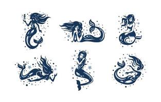 Beautiful Mermaid with Shine Icon Shilouette Set vector