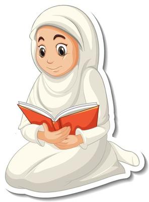 A sticker template with Muslim girl praying cartoon character