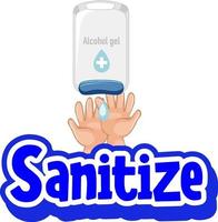 Sanitize font in cartoon style with hands using alcohol gel vector