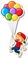 Sticker template with a boy holding many balloons isolated vector