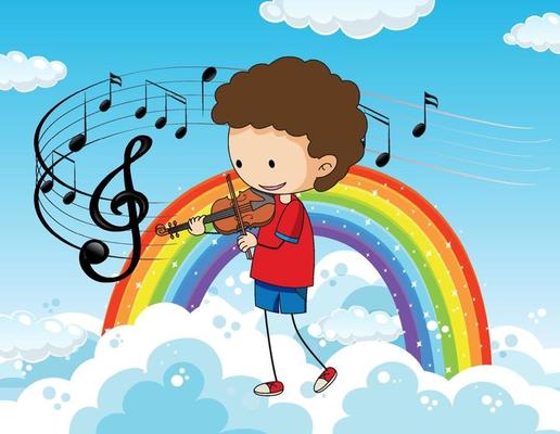 Cartoon doodle a boy playing violin in the sky with rainbow