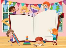 libro abierto vacío con dibujos animados de niños de escuela vector