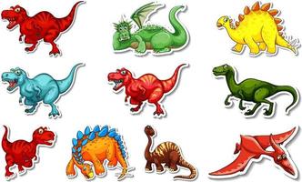 Sticker set with different types of dinosaurs cartoon characters vector