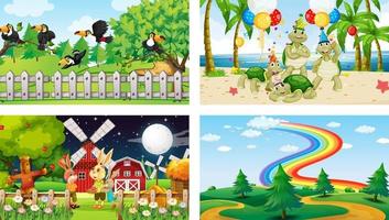 Four different scenes with various animals cartoon character vector