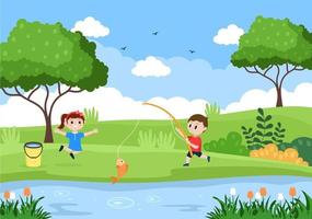 niños pescando peces ilustración vectorial vector