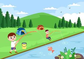 niños pescando peces ilustración vectorial vector