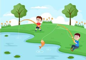 niños pescando peces ilustración vectorial vector