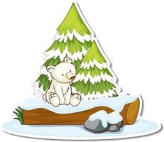 Sticker a polar bear sitting by pine tree covered with snow vector