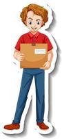 A sticker template with delivery man in uniform holding boxes vector