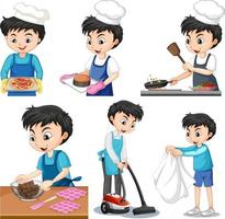 conjunto de un niño haciendo diferentes tareas domésticas. vector