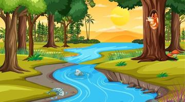 River through the forest scene at sunset time vector