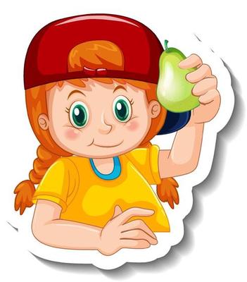 Sticker template with a girl holding a pear isolated