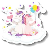 lindos unicornios sentados en la nube pegatina de dibujos animados vector