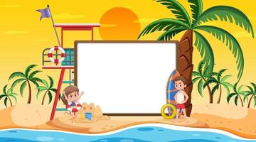 Plantilla de banner vacío con niños de vacaciones en la escena del atardecer en la playa vector