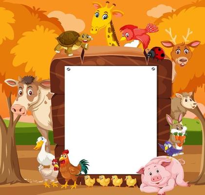 Empty wooden frame with various wild animals in the forest