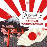 banner del día de la fundación nacional de japón con el monte fuji y la puerta torii