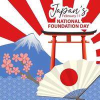 banner del día de la fundación nacional de japón con el monte fuji y la puerta torii vector