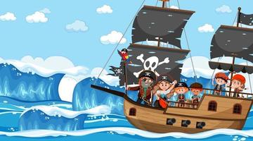 Escena del océano durante el día con niños piratas en el barco. vector